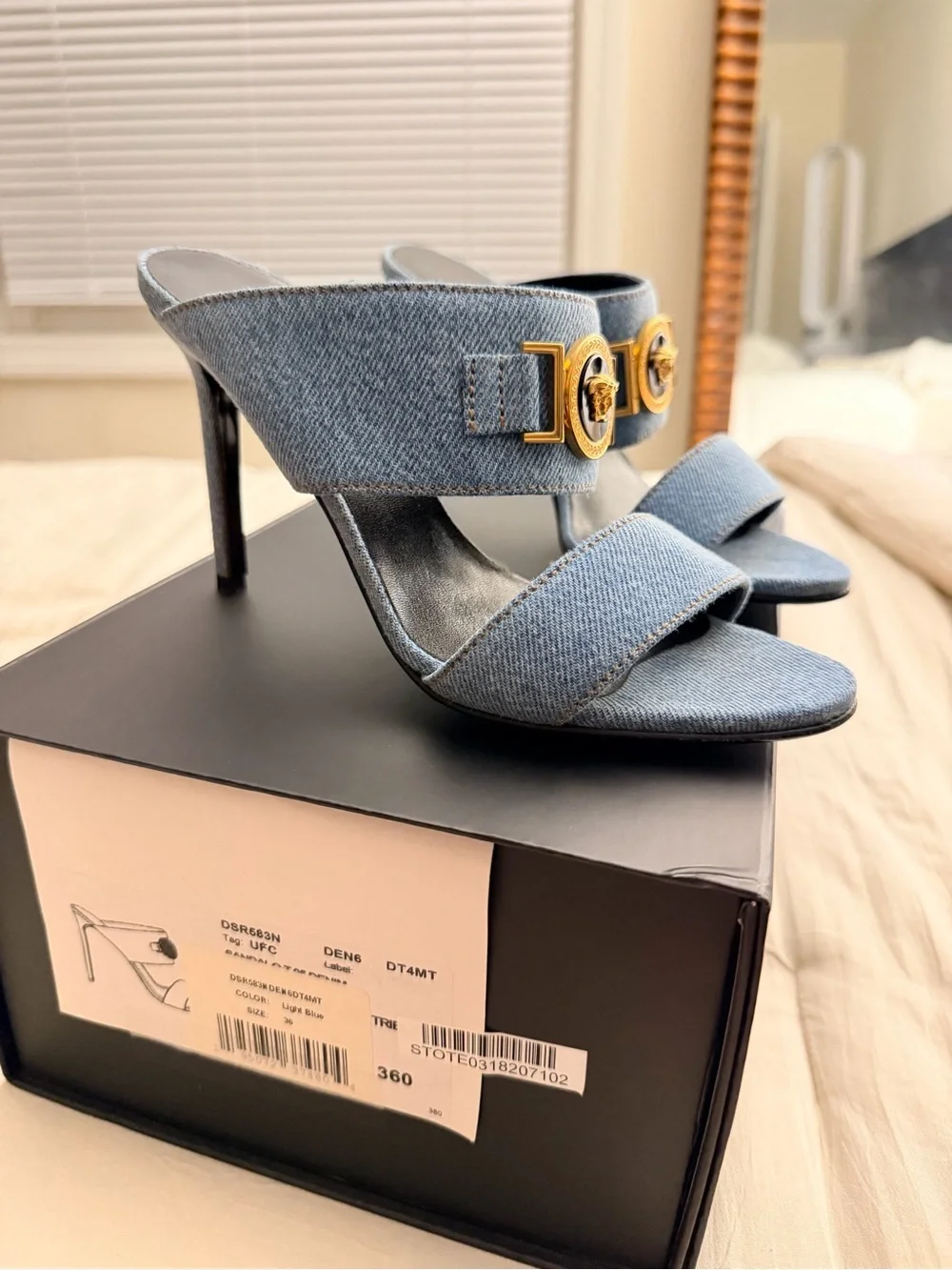 Versace Light Blue Denim Double-Band Slide Heels with Gold Medusa